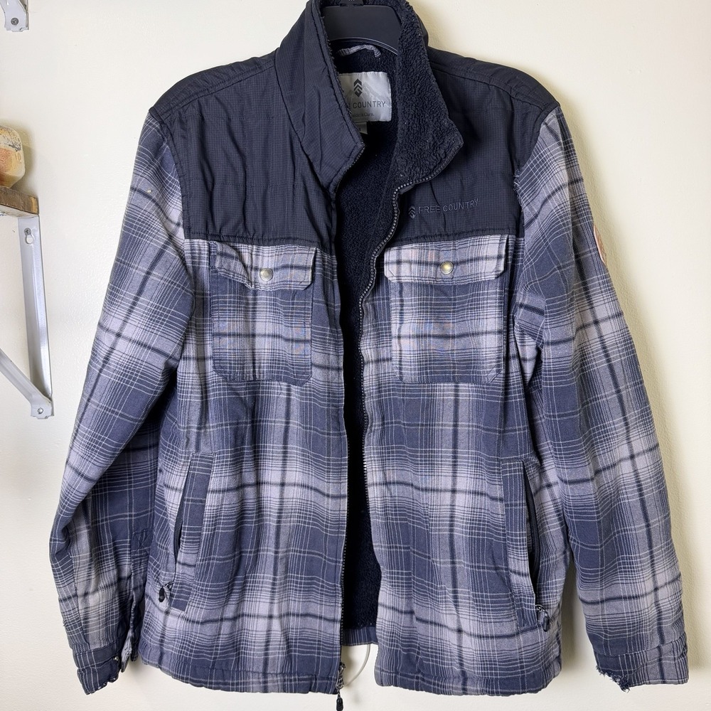Free Country Mens Size Medium Blue Plaid Flannel Sherpa Lined Full Zip Jacket